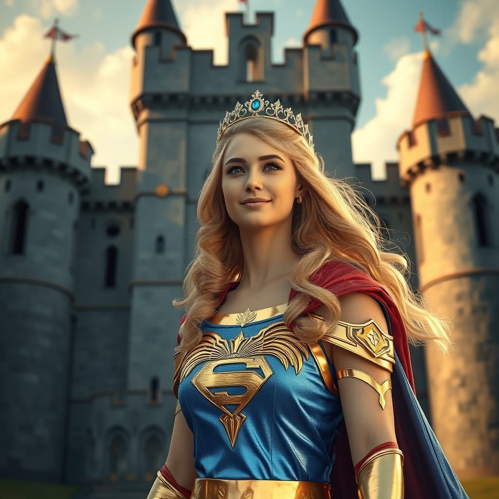Supergirl in Gold Emerges from Castle in Hyperrealistic Styl...