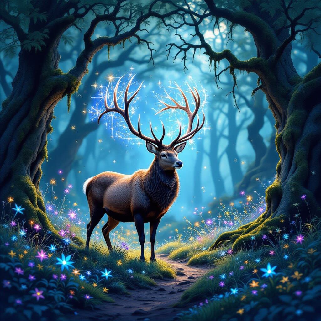 Stag Woven from Starlight in Mystical Forest Clearing