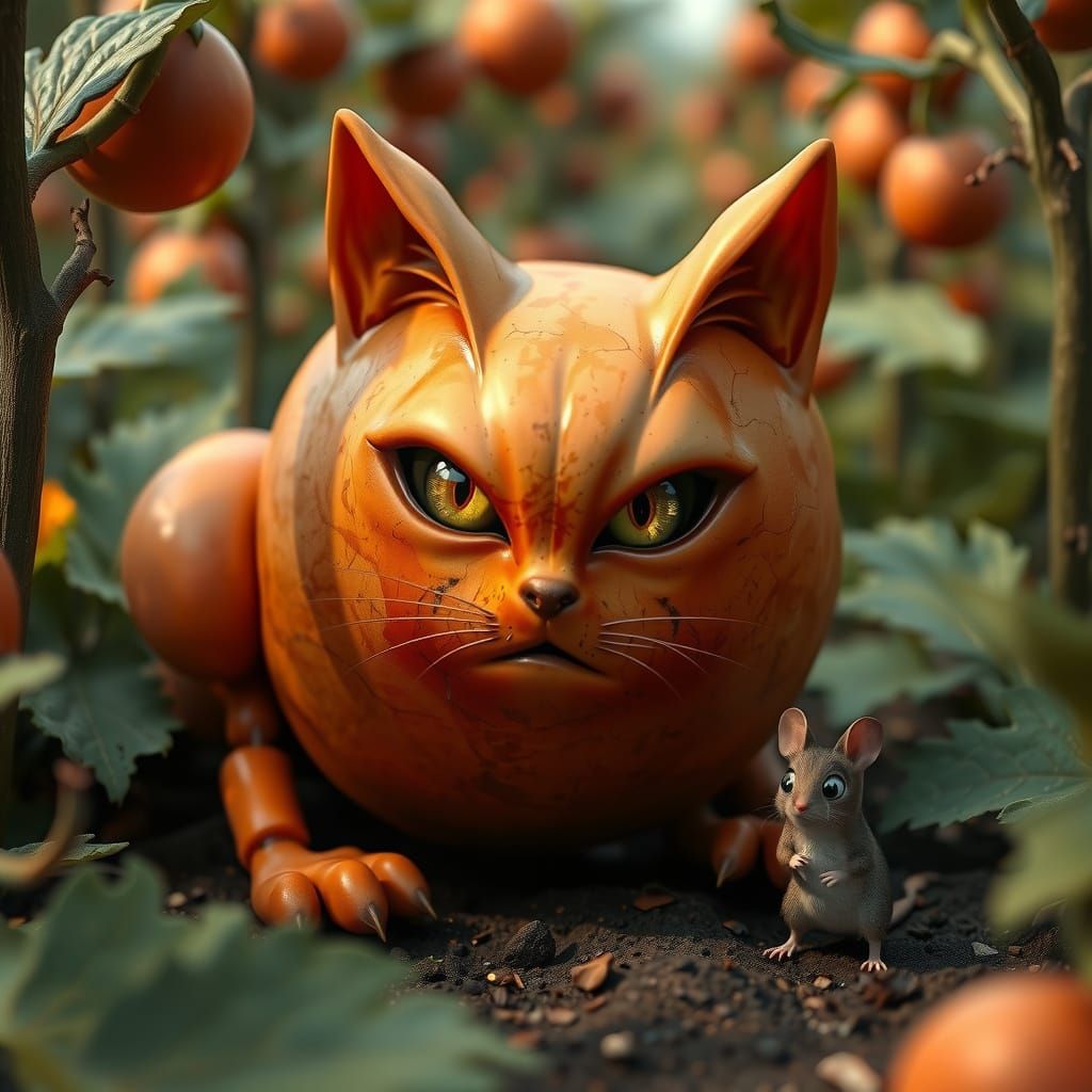 Feline Melon Enchantress Confronts Wide-Eyed Mouse