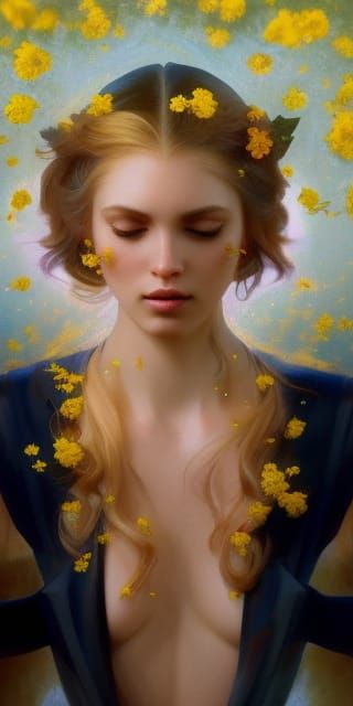 Golden Haired Girl Portrait with Yellow Roses