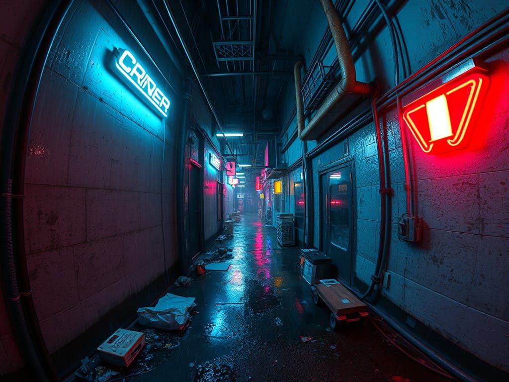 Cyberpunk Alleyway Illuminated by Neon Lights in the Rain