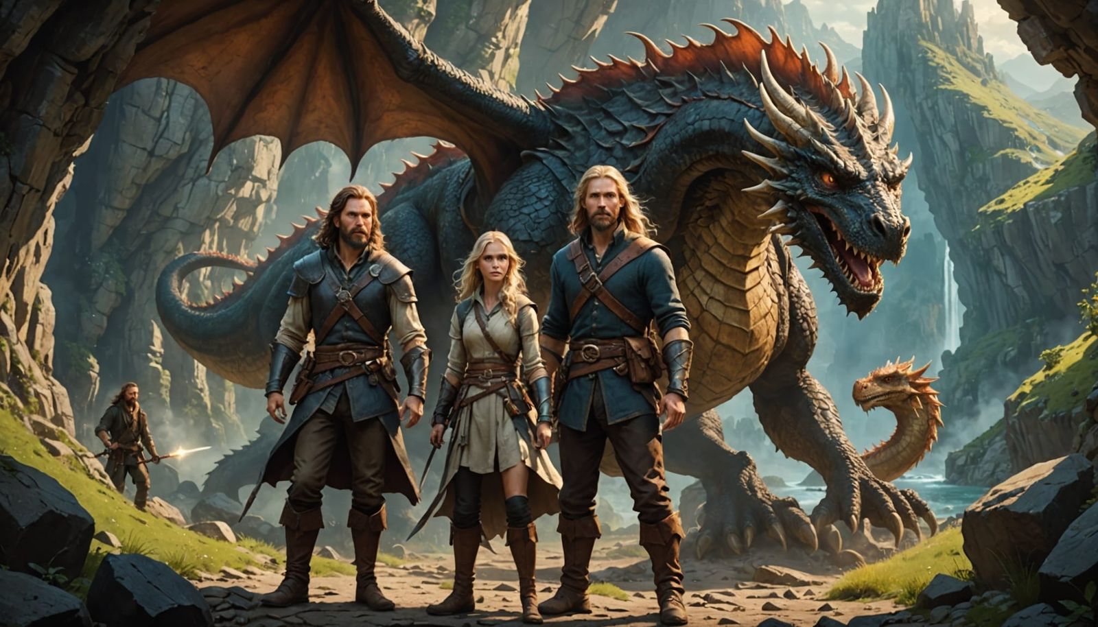 Adventurers Fight Dragon at Cave Entrance