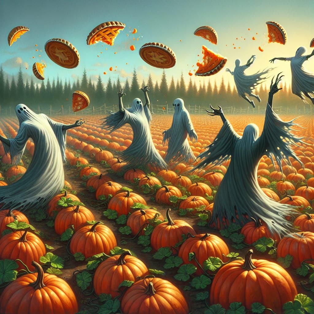 Ghosts' Pumpkin Pie Fight in a Patch