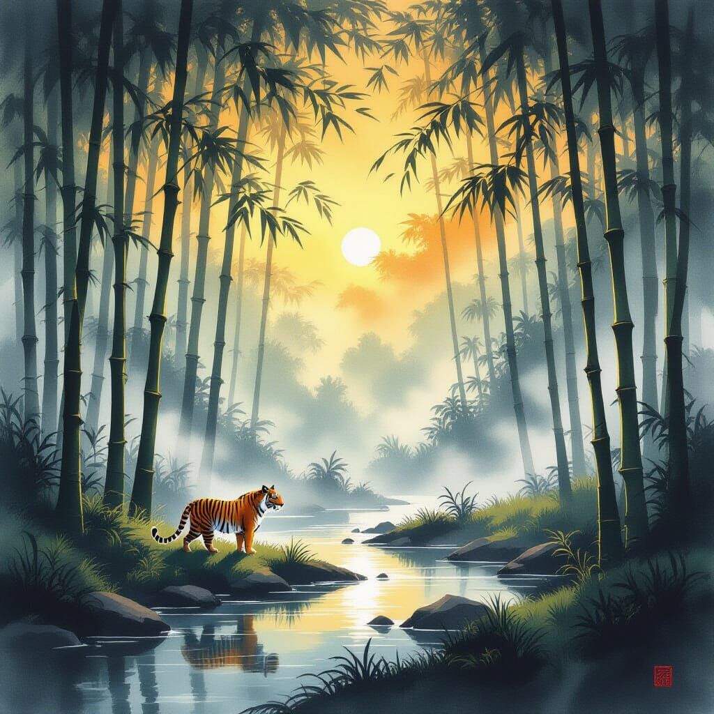 Tiger in bamboo forest at dawn