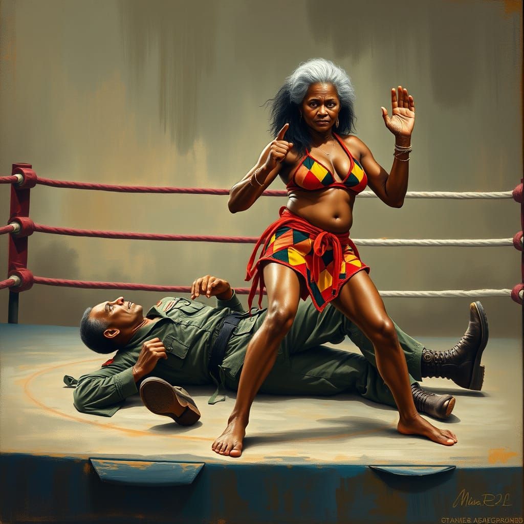 Elder Woman in Karate Stance, Basquiat-style