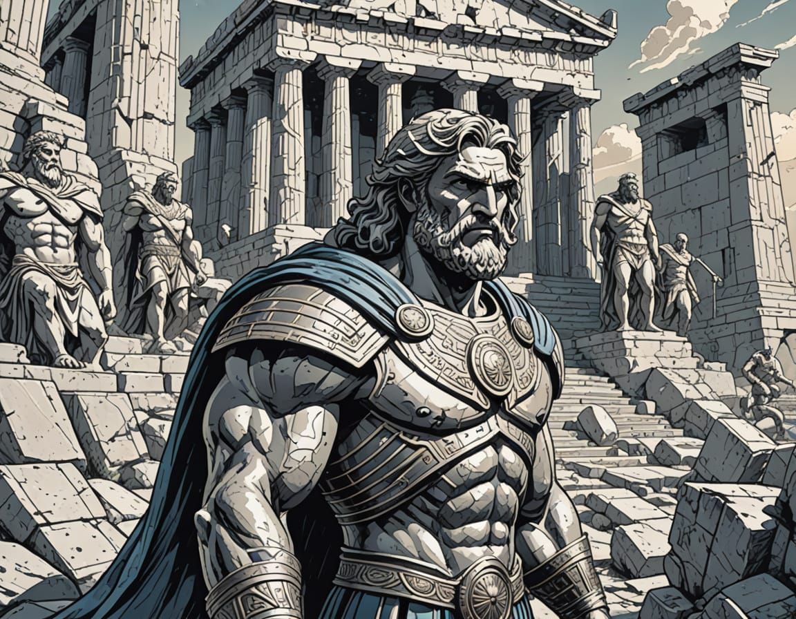 Odysseus in Heroic Pose, Ancient Greek Temple Background