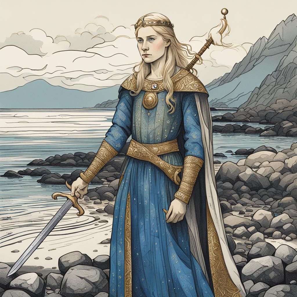 Viking Woman on Beach in Medieval Iconographic Style
