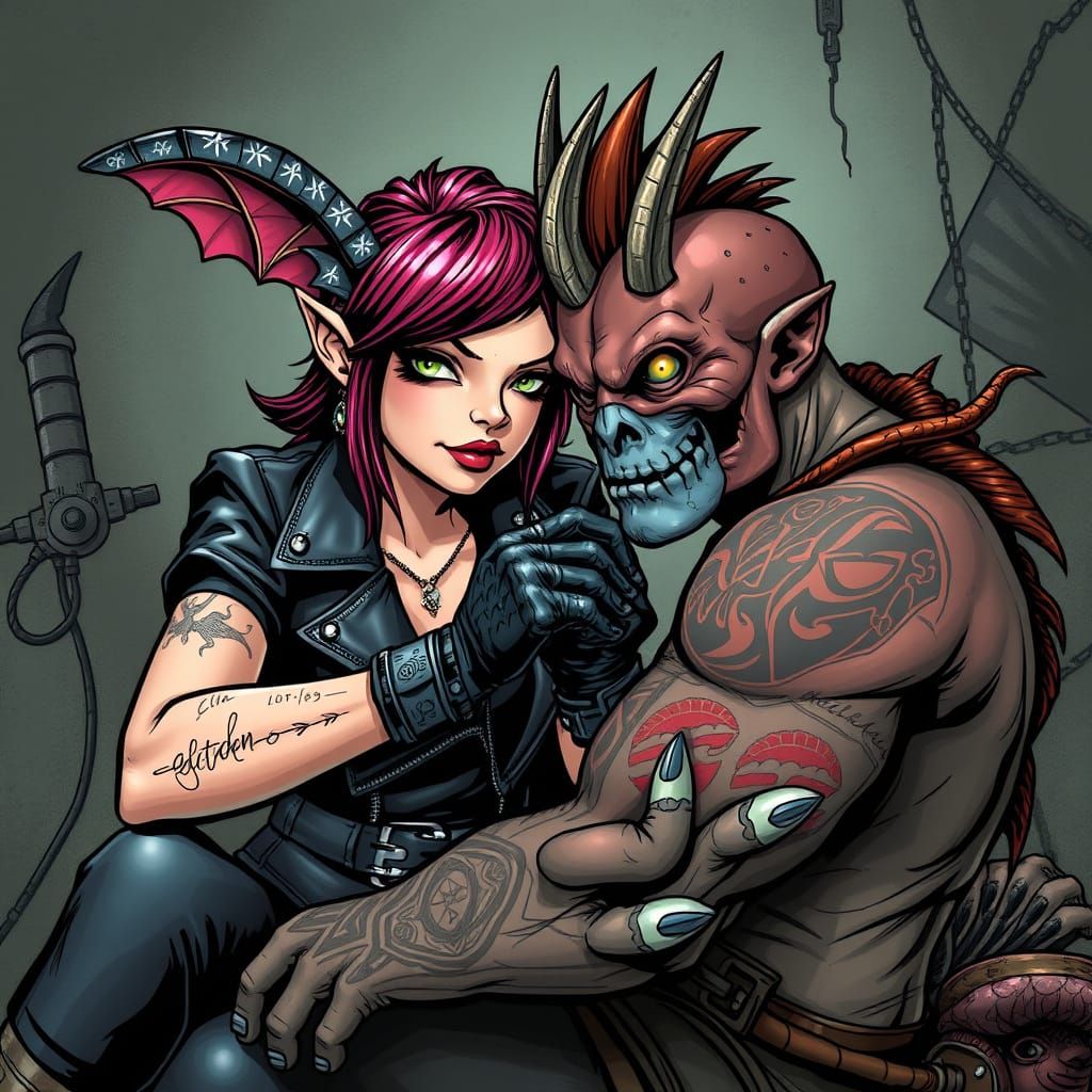 Harpy Tattooing Cyclops in Vibrant Metallic Style