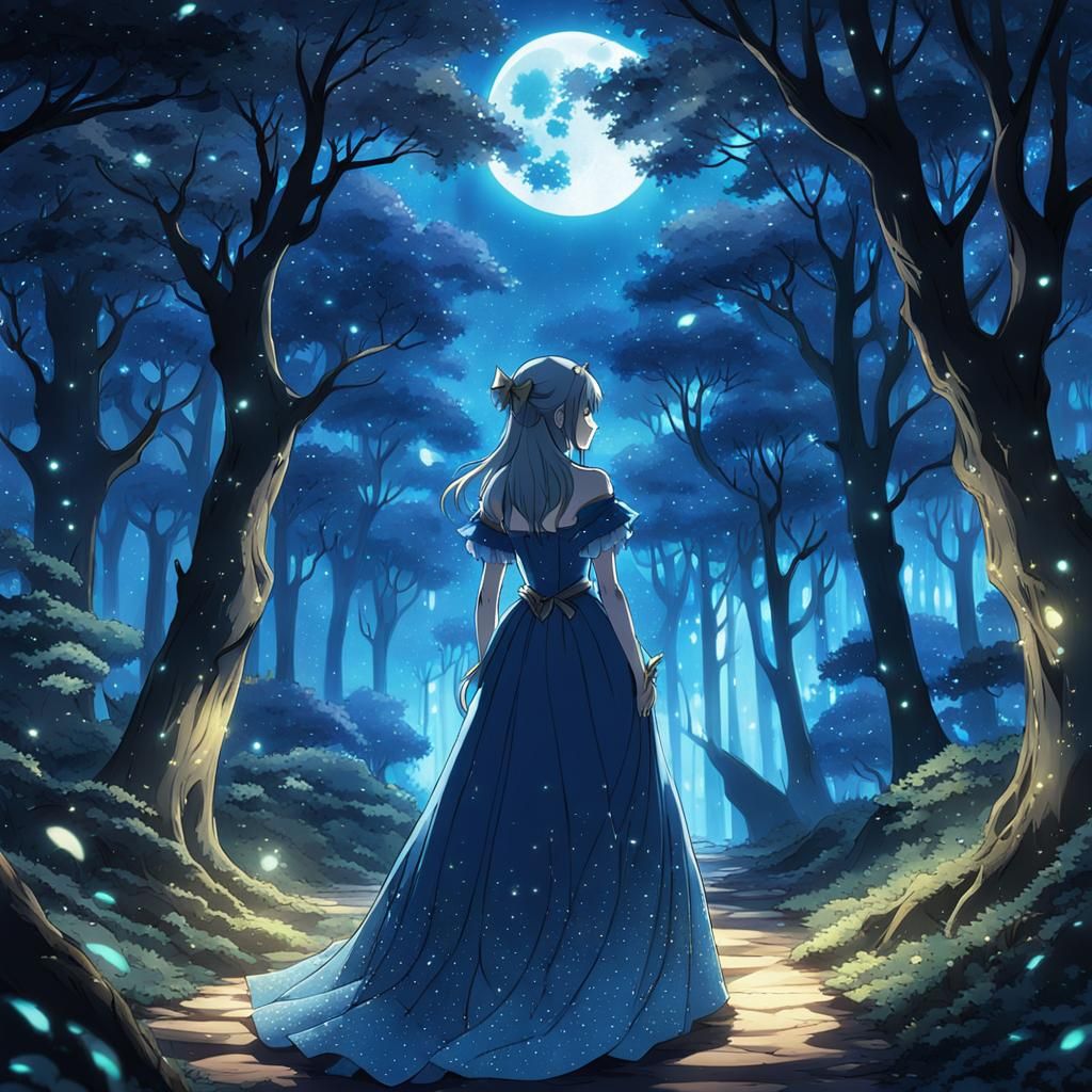 A sylvan clearing where the trees seem to sing in the moonlight, and mystical creatures roam freely, including an anime ...