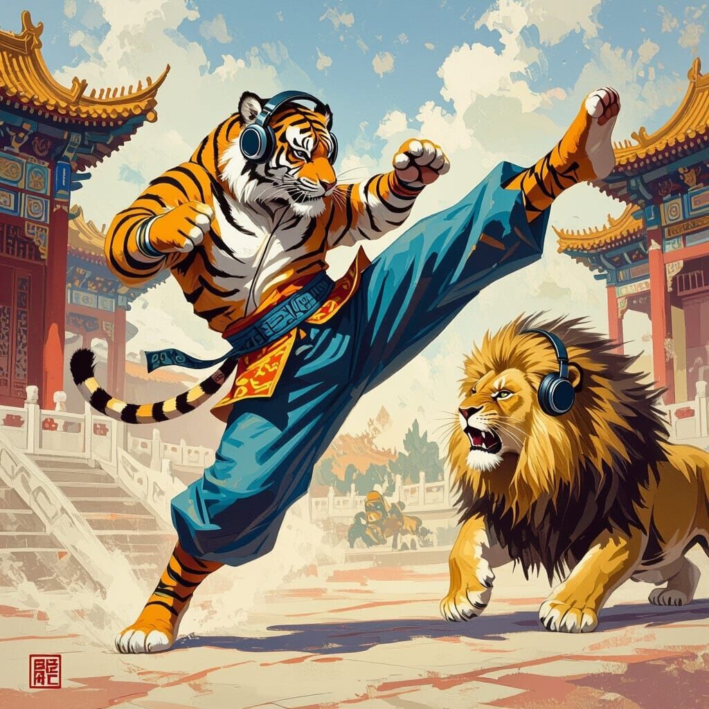 Tiger and Lion Kung Fu Fight in Vibrant Style