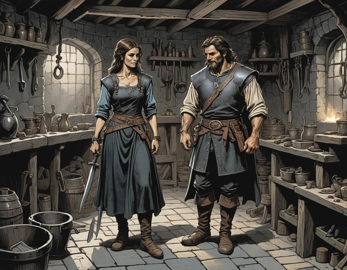 Blacksmith and the Smiling Woman: Dark Fantasy Art
