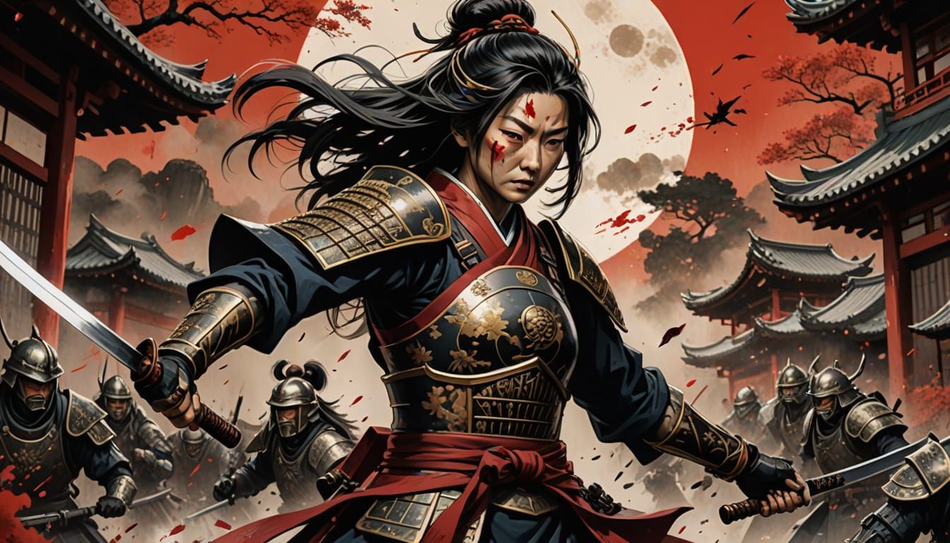 Tomoe Gozen Decapitates a Warrior in Sumi-e Style