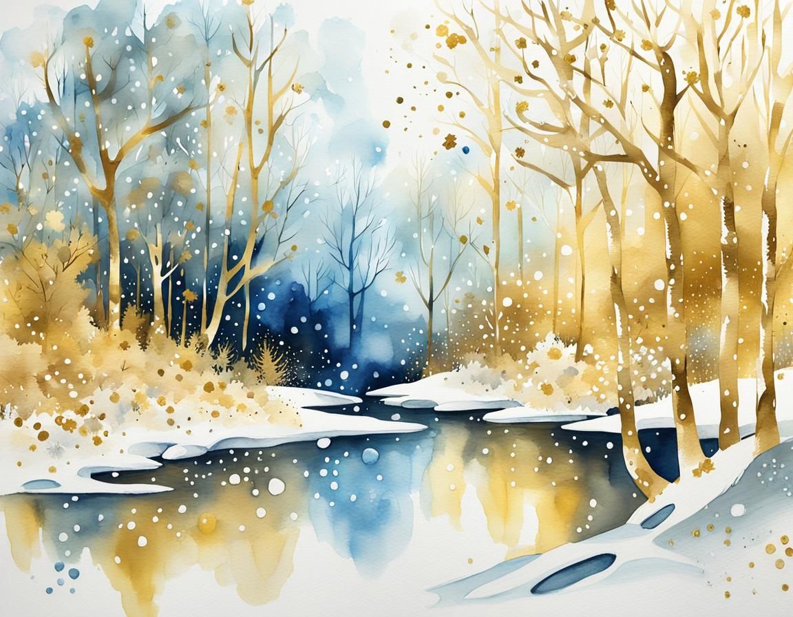 Whimsical Gold and Blue Winter Forest in Watercolor