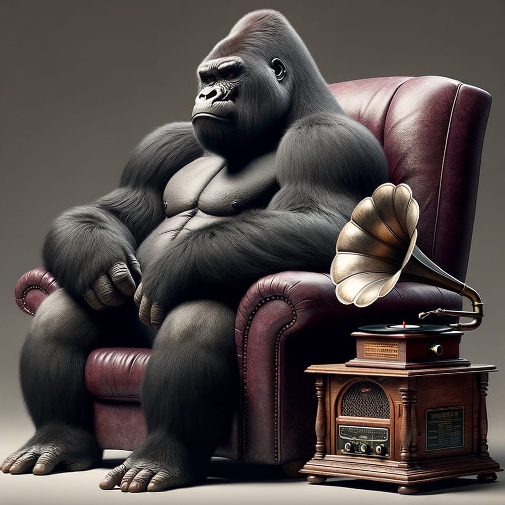 Towering Gorilla Listening to Jazz on Phonograph