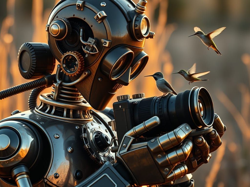 Steampunk Robot Photographer Captures Hummingbird Portrait