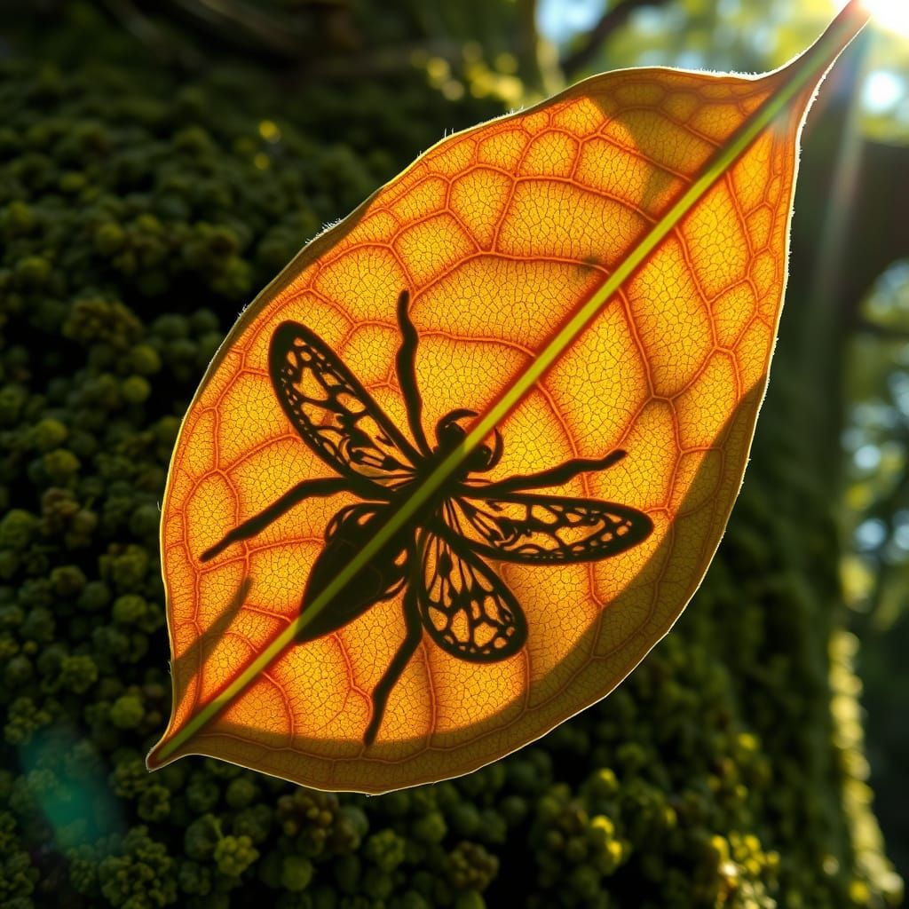 Backlit Leaf with Insect Shadow on Blossoming Tree