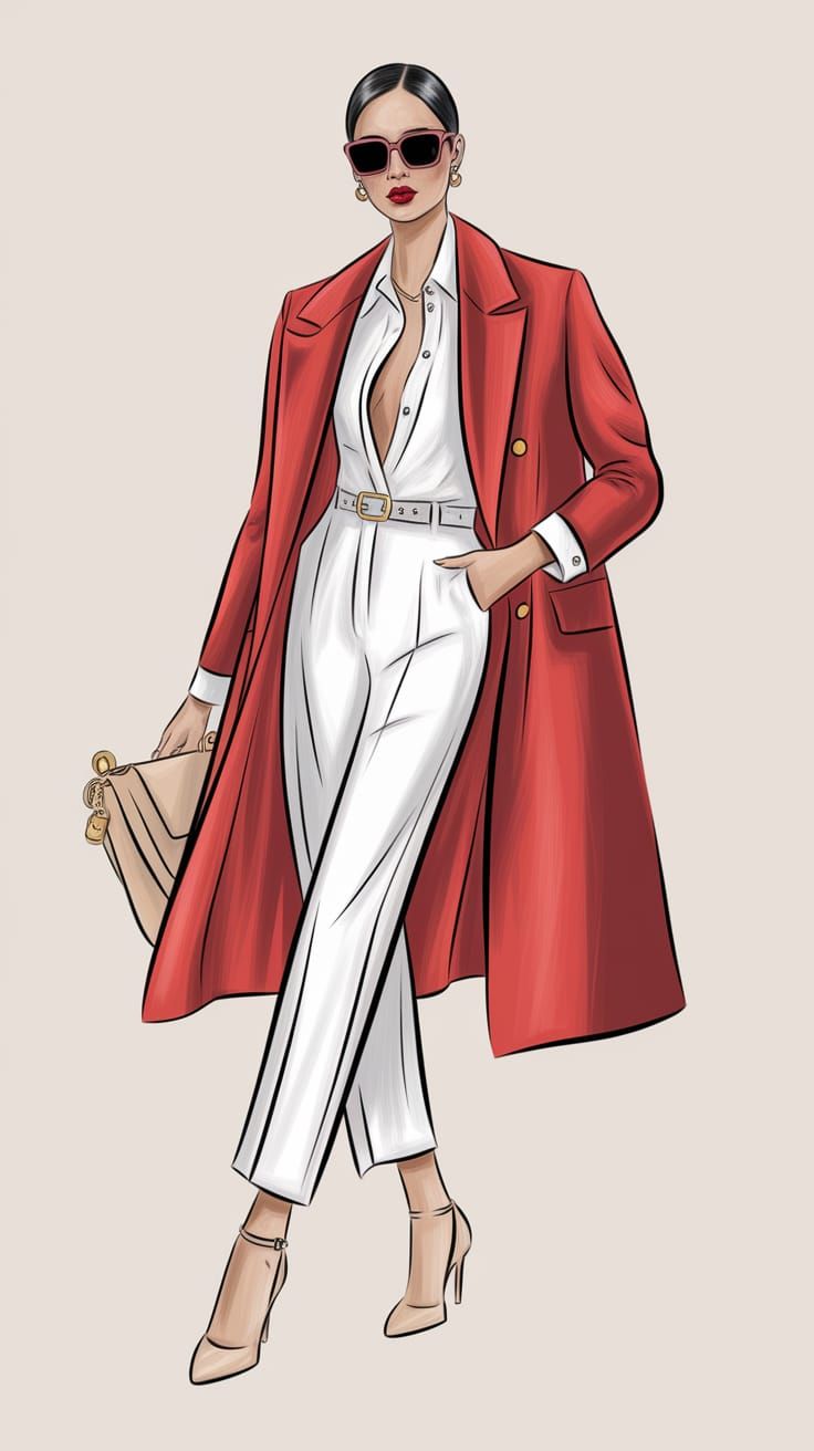 Minimalist Fashion Sketch in Vermilion and Ivory