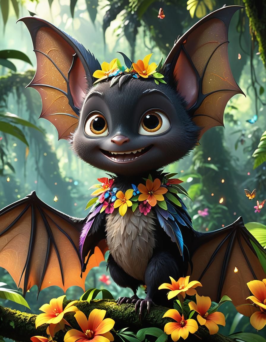 Magical Bat in Vibrant Rainforest Art Nouveau Style