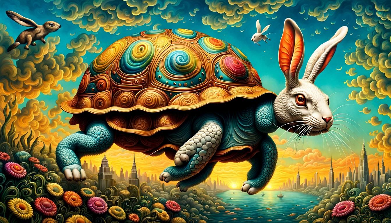 Psychedelic Rabbit Chasing Steampunk Turtle, Digital Illustr...