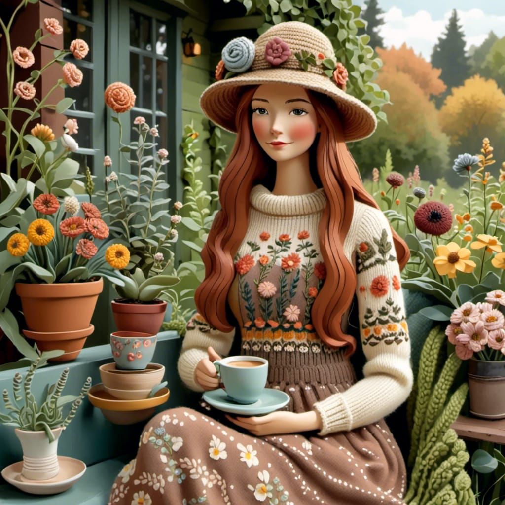 Lady with Coffee, Folk-Art Style