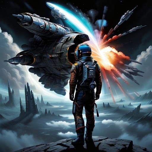 Exploding X-Wing Fighter Jet over Alien Moon