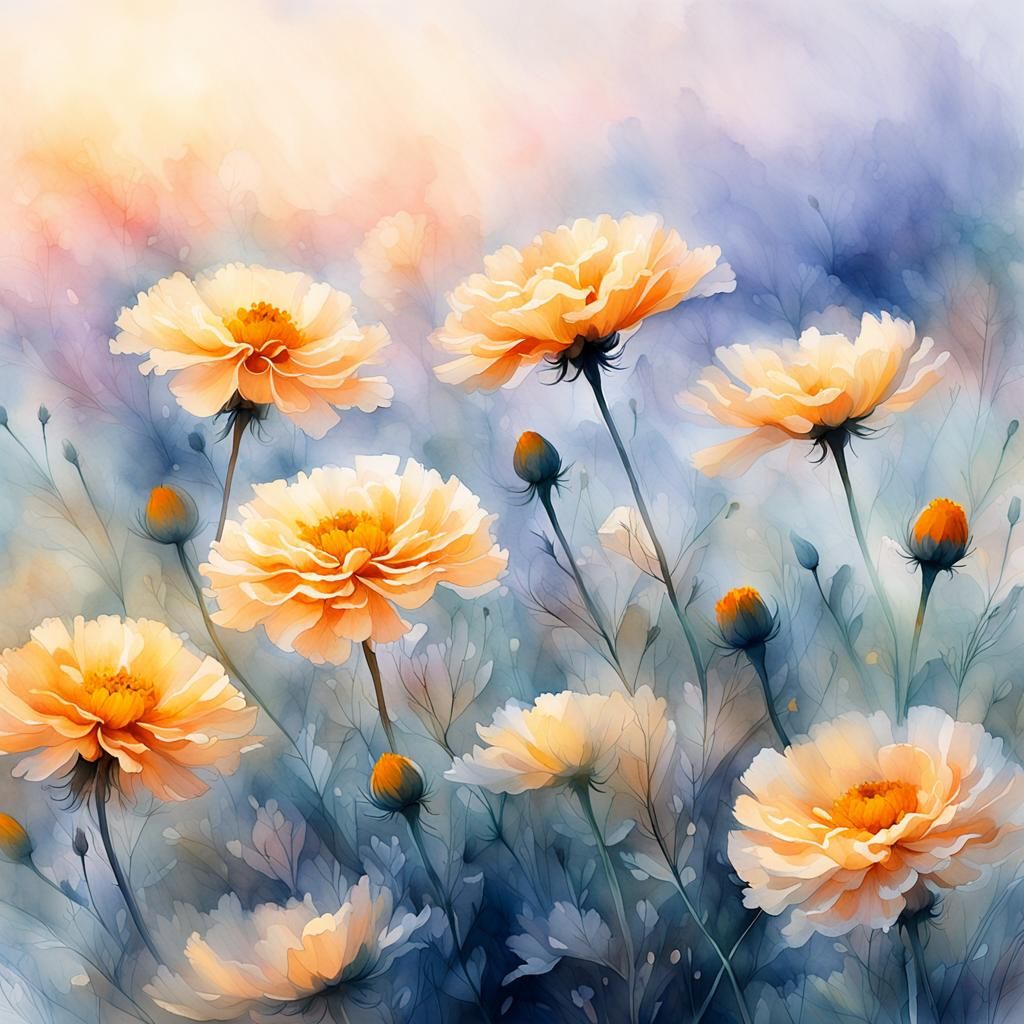 Glowing Marigold in Ethereal Watercolor Fantasy