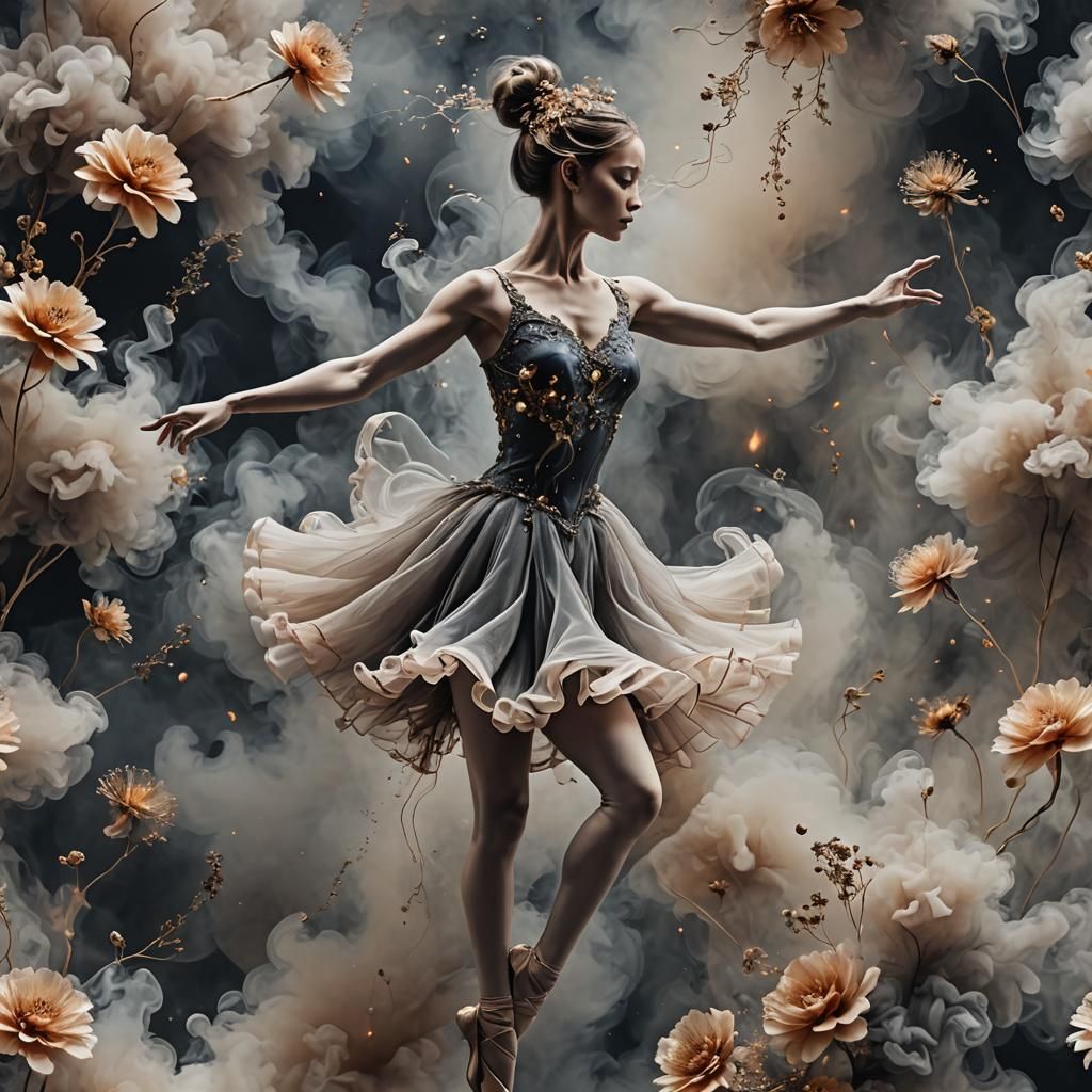 Ethereal Ballerina Dancing with Smoky Flowers