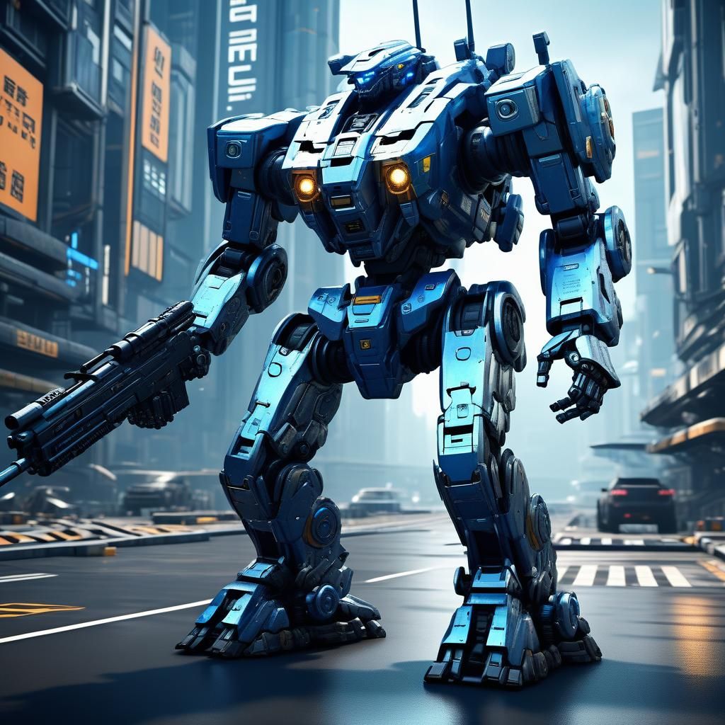 Futuristic Police Mech with Guns in Sci-Fi City