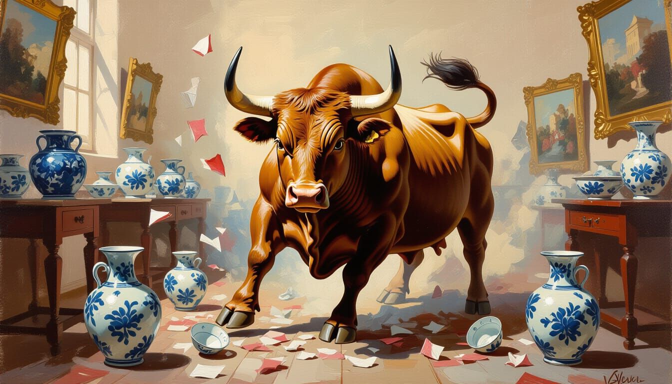 Bull Smashes China Shop in Expressive Oil Painting Style