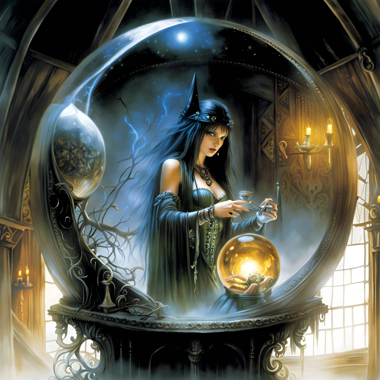 Witch Gazing into Magic Ball in Detailed Style