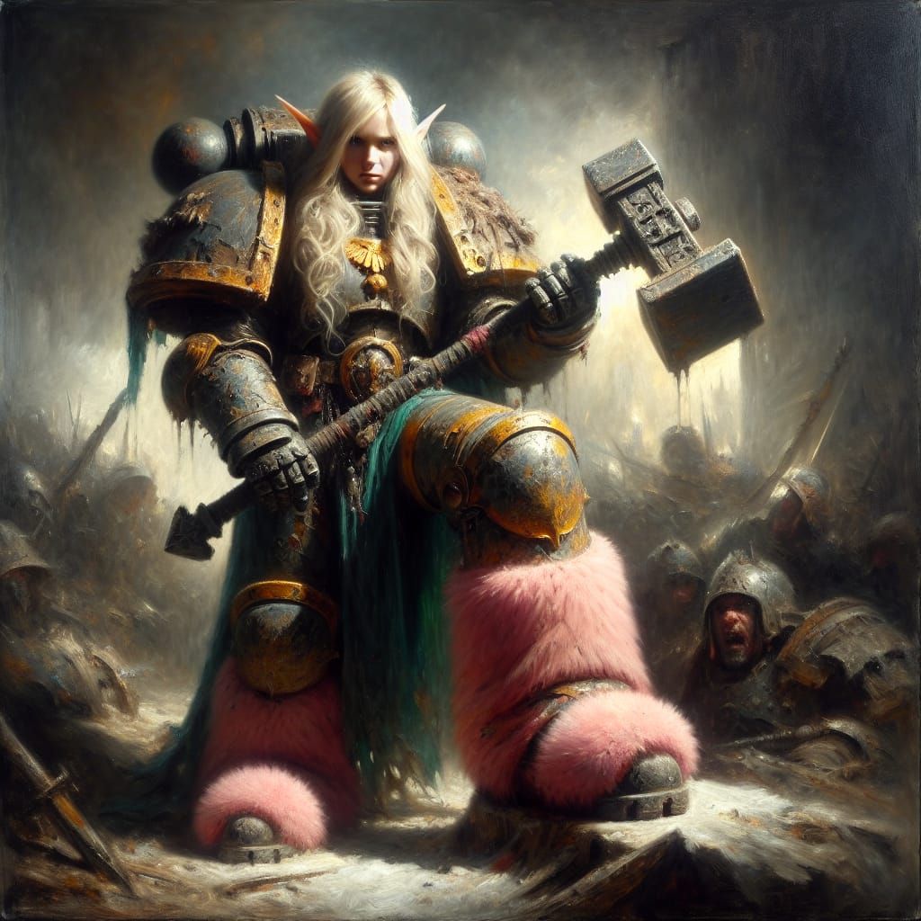 Tenebrism Oil Painting of Elf Warrior in Pink Slippers
