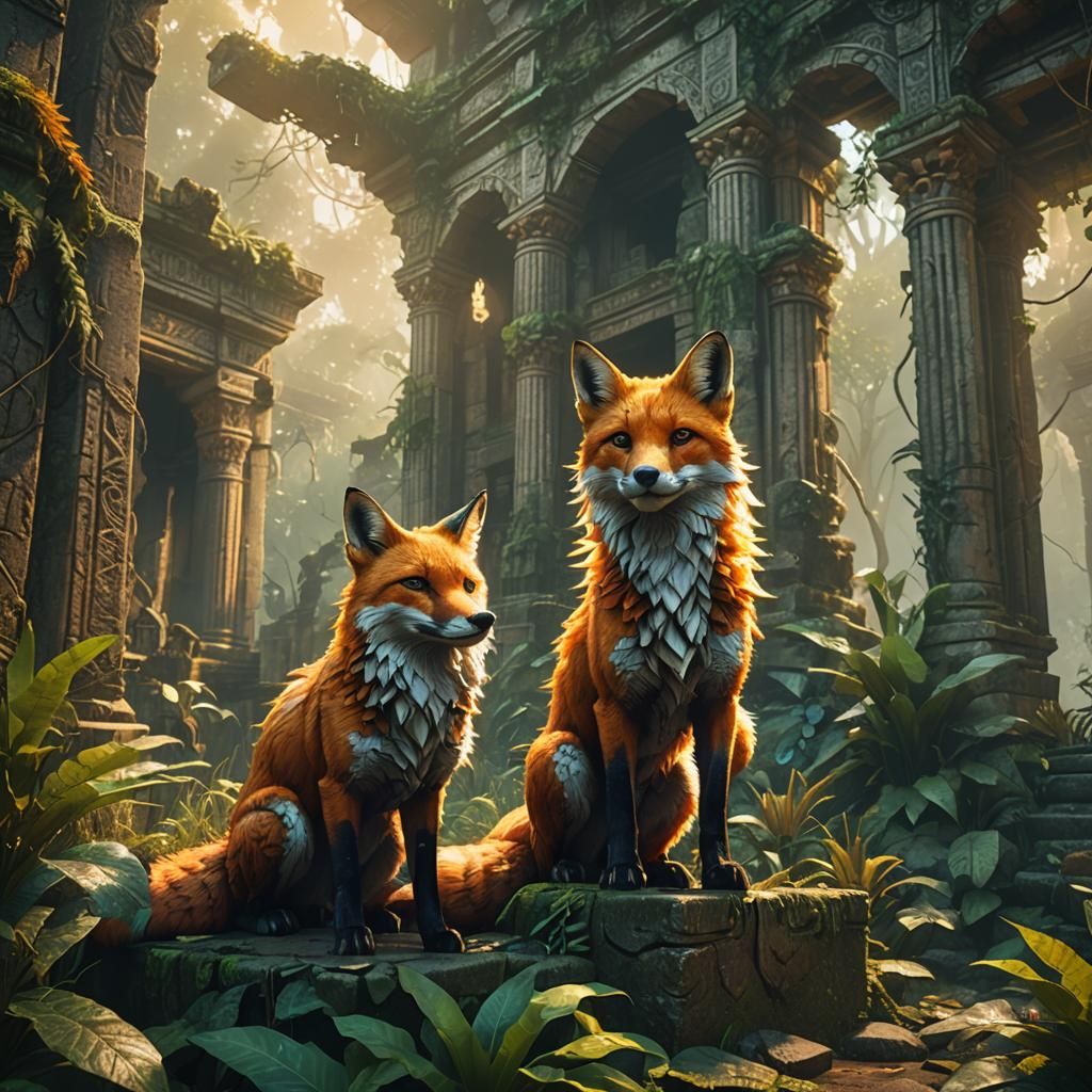 Majestic Nine-Tailed Fox in Jungle Ruins