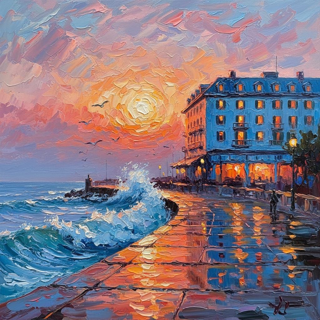Late evening on a seashore hotel, thick brushstrokes in brig...