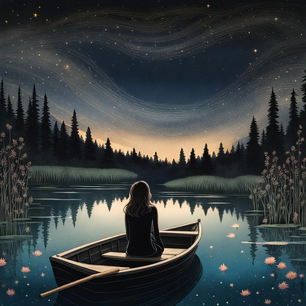 Woman in Boat Under Starry Night Sky