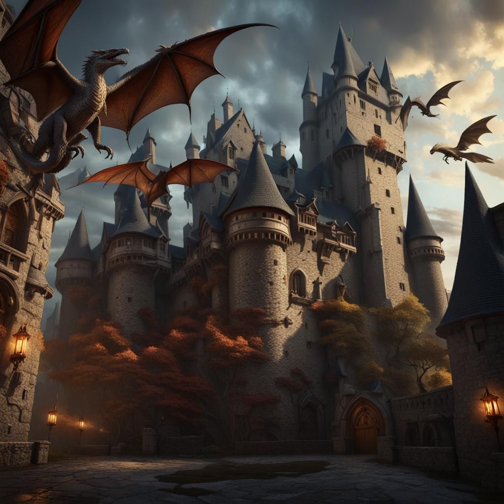 Epic Medieval Castle with Dragons in Dark Fantasy Style