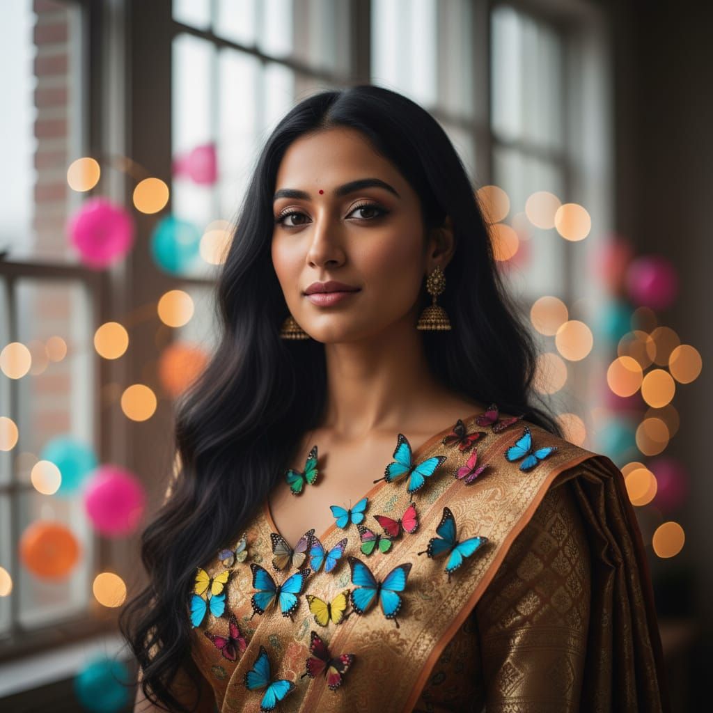 Indian Woman Adorned with Butterflies in Studio Portrait