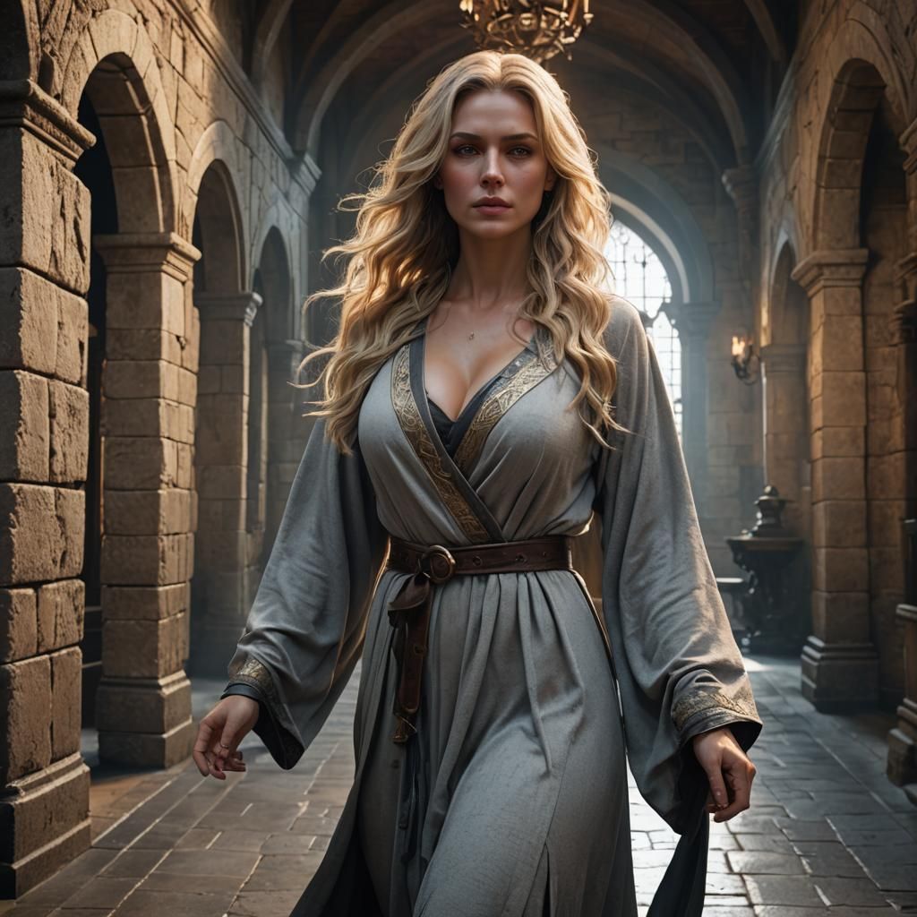 Fantasy Woman in Castle Hallway: Hyperdetailed Concept Art