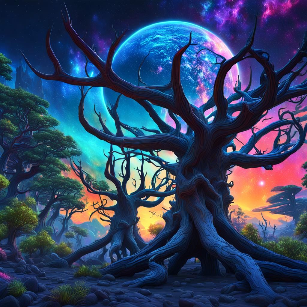 Alien Forest Sunset with Deer-Roach Hybrids