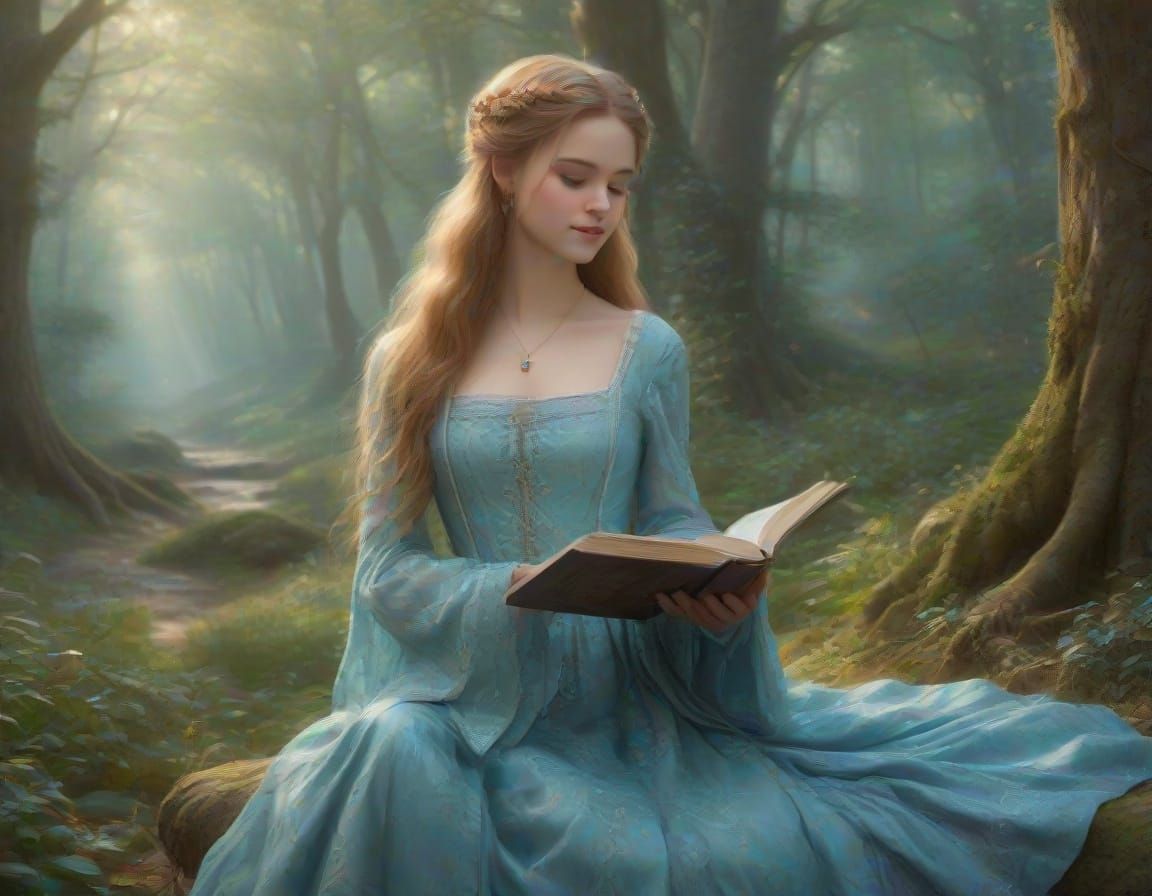 Ethereal Goddess Reads in Whimsical Forest