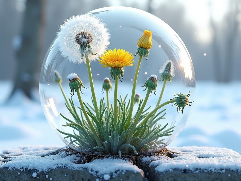 Frozen Dandelion Bloom in Serene Winter Wonderland