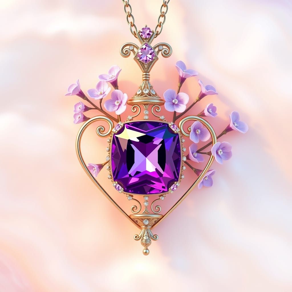 Elegant White Gold Pendant in Flower Vase Design with Amethy...