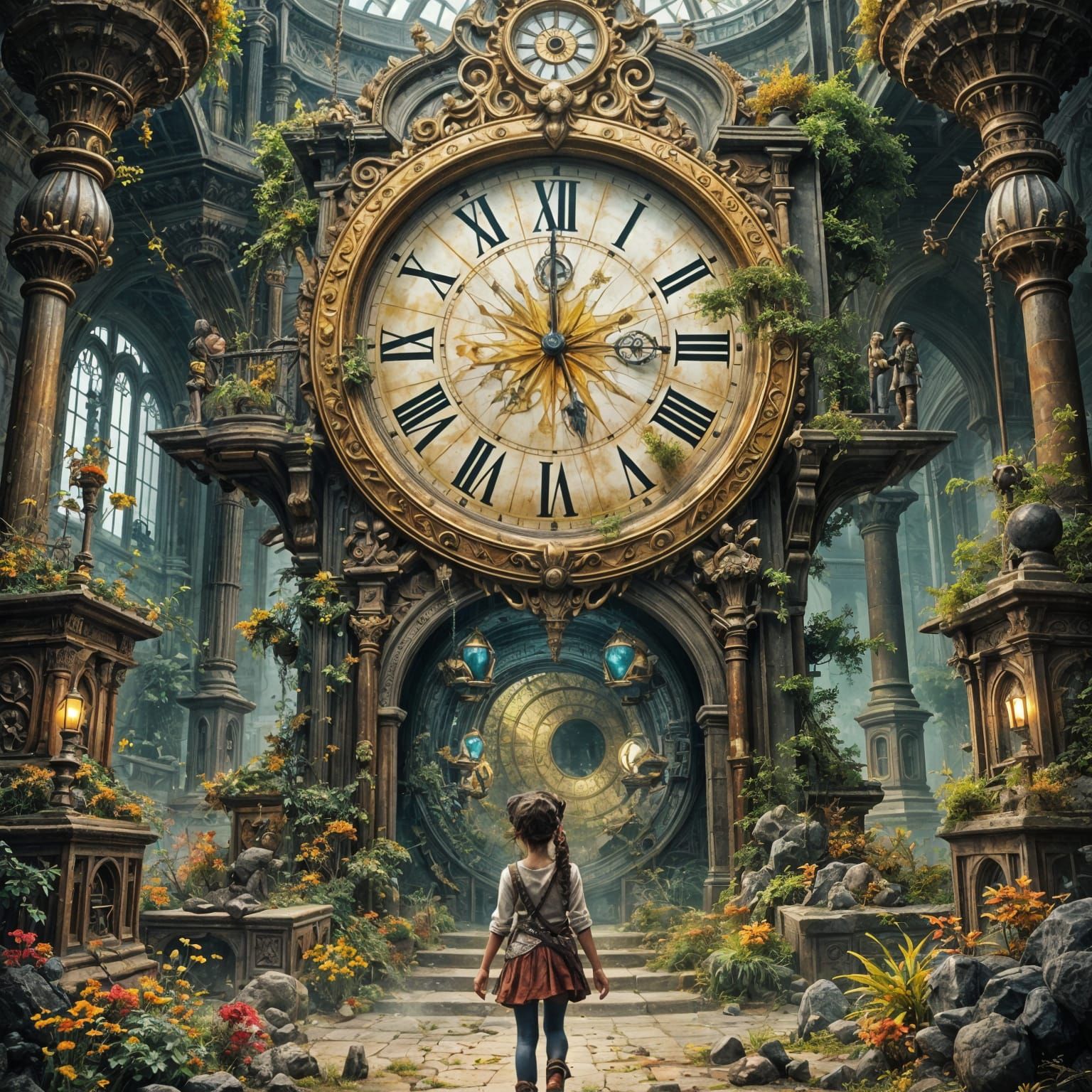 Steampunk Explorer Faces Enchanted Clockwork Vortex