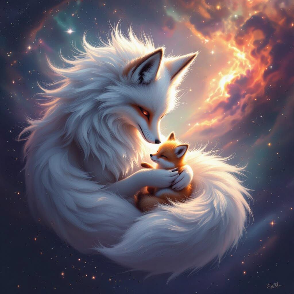 Nine-Tailed Kitsune Cradles Baby Fox in Cosmic Nebula