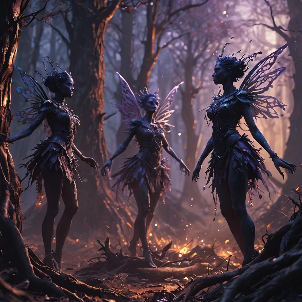 Dark Fairies Dance in Rotten Forest: Fantasy Art
