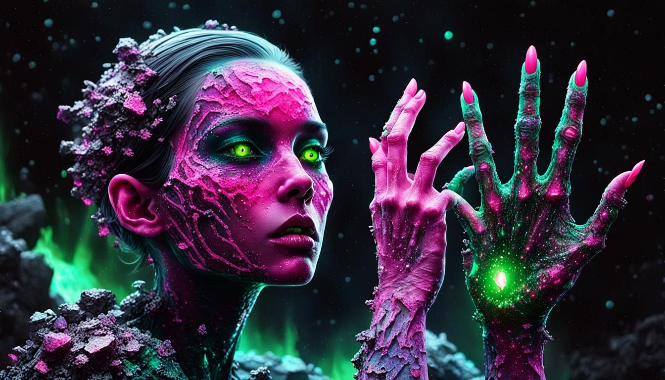 Petrified Girl Crumbles in Iridescent Asteroid Field