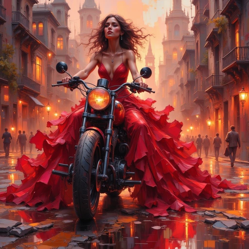 Red Gown Rider in Impasto Style