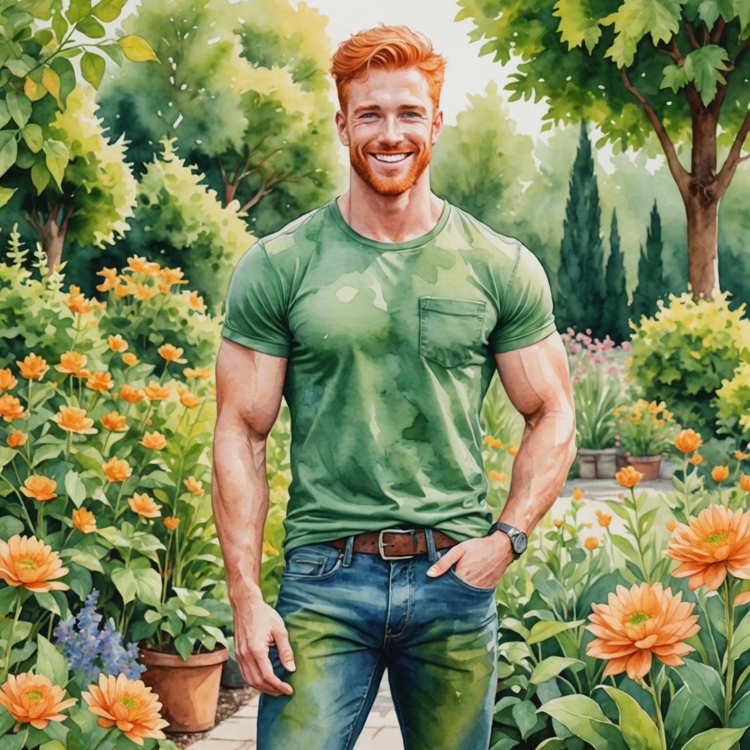 Orange Haired Man Smiling in Watercolor Garden