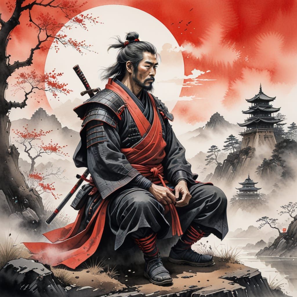 Samurai Contemplation by River in Feudal Japan