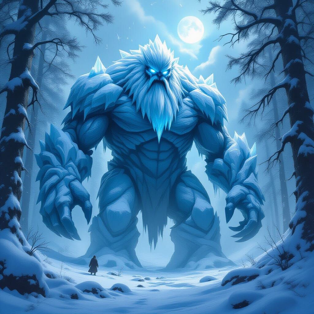Colossal Ice Golem in Snowy Forest