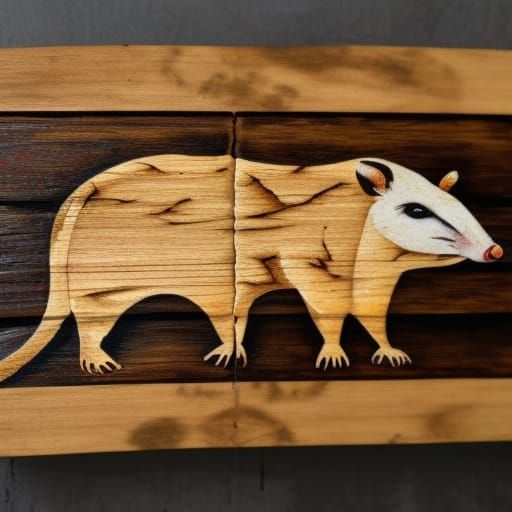Realistic Opossum Pyrography on Golden Brown Pine
